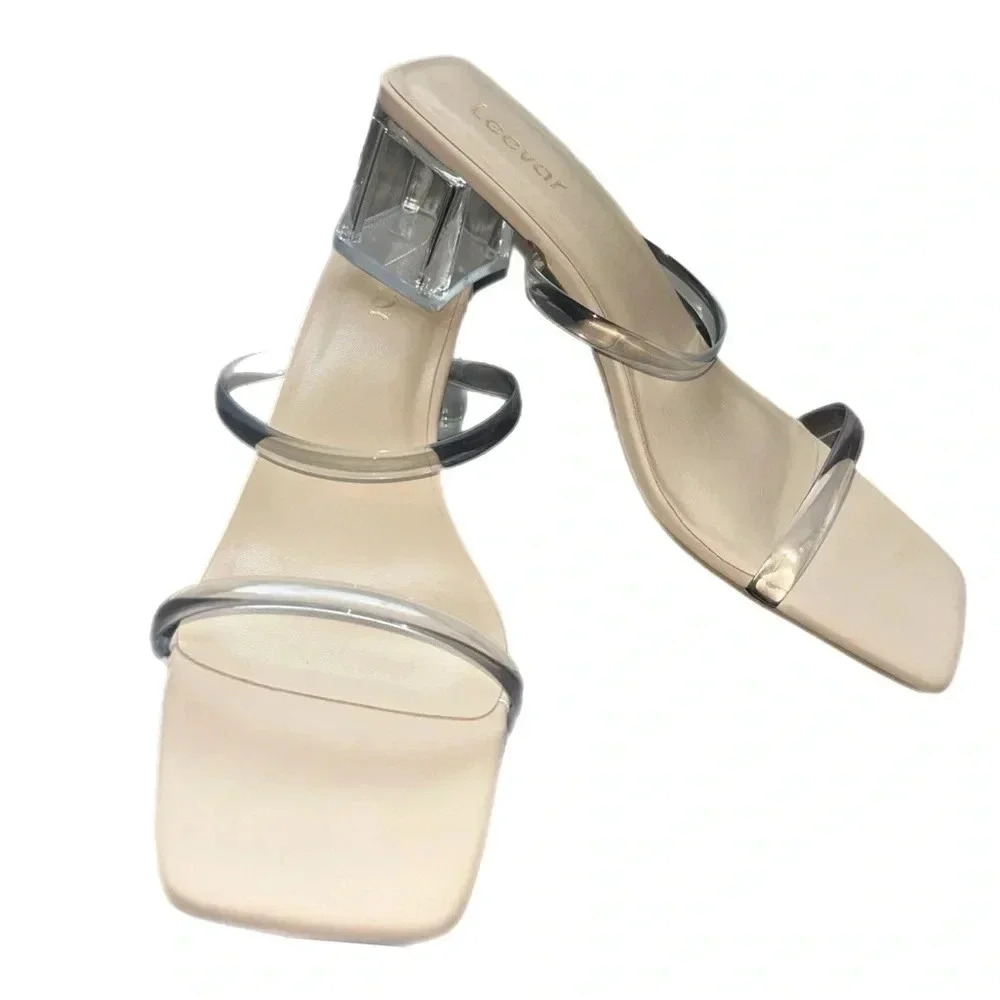 Leevar Beige Translucent Strap Sandals Chunky Heel Square Toe Women’s Size 10